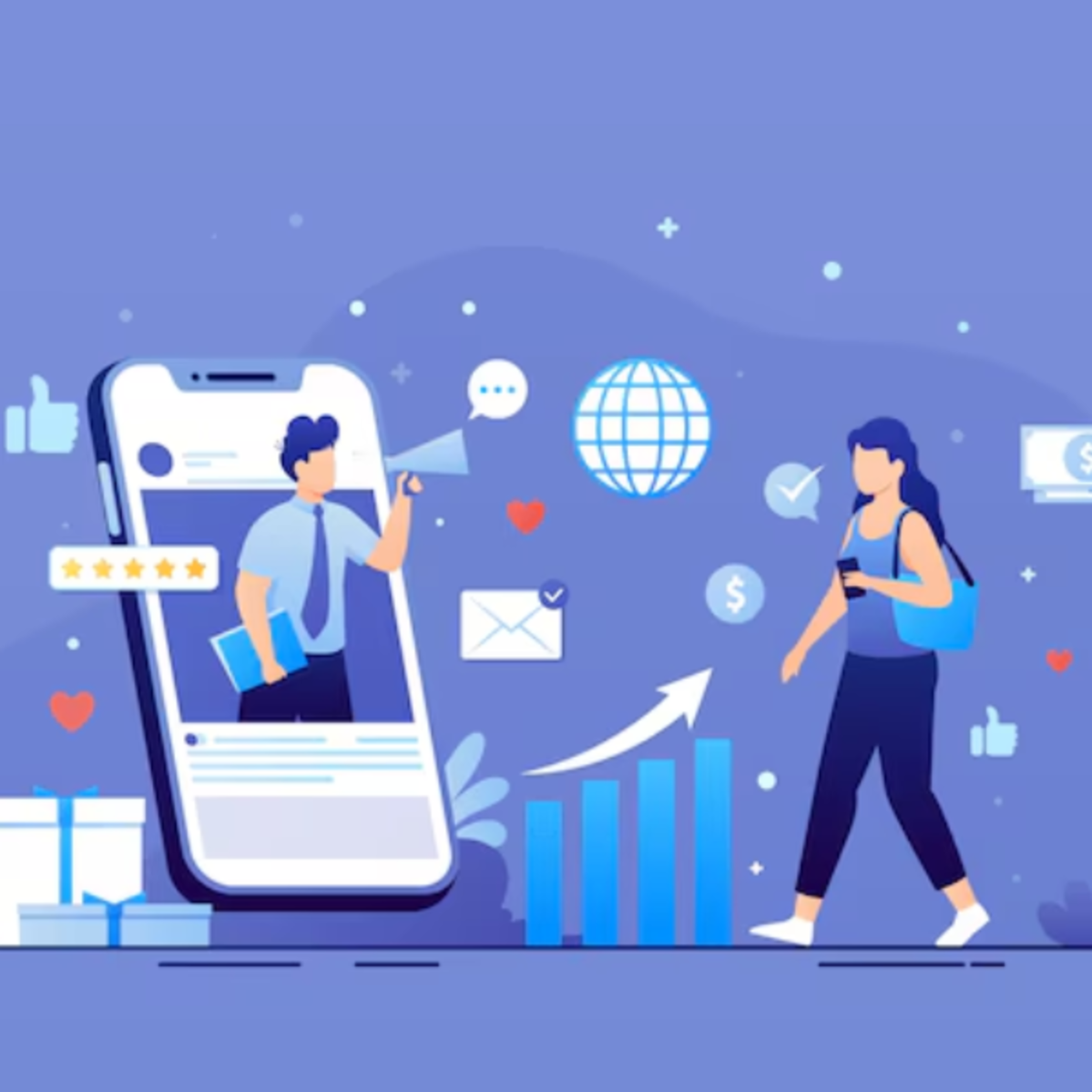 Ilustração de uma mulher passando por uma tela grande de smartphone mostrando um empresário com um megafone. Ícones de e-mail, globo e estatísticas os cercam. O fundo inclui corações, polegares para cima e gráfico de crescimento.