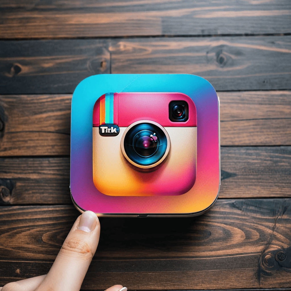 Uma mão aponta para um logotipo quadrado e vibrante que combina temas do Instagram e do TikTok, lembrando uma câmera 3D com a palavra Tirk nela. O logotipo é artisticamente colocado em uma superfície de madeira escura.