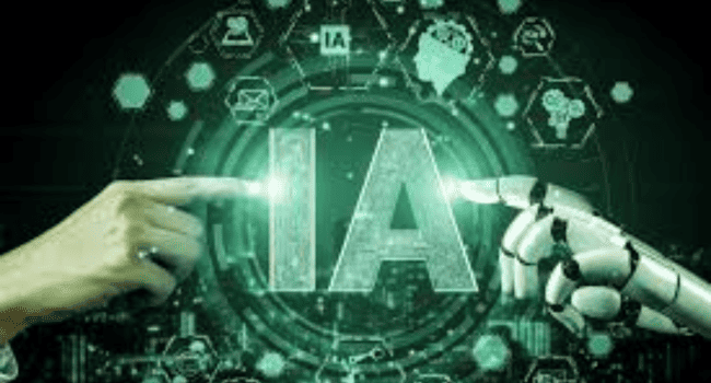 Profissional analisando dados em tela digital com gráficos e algoritmos representando inteligência artificial no mercado de trabalho e marketing digital.