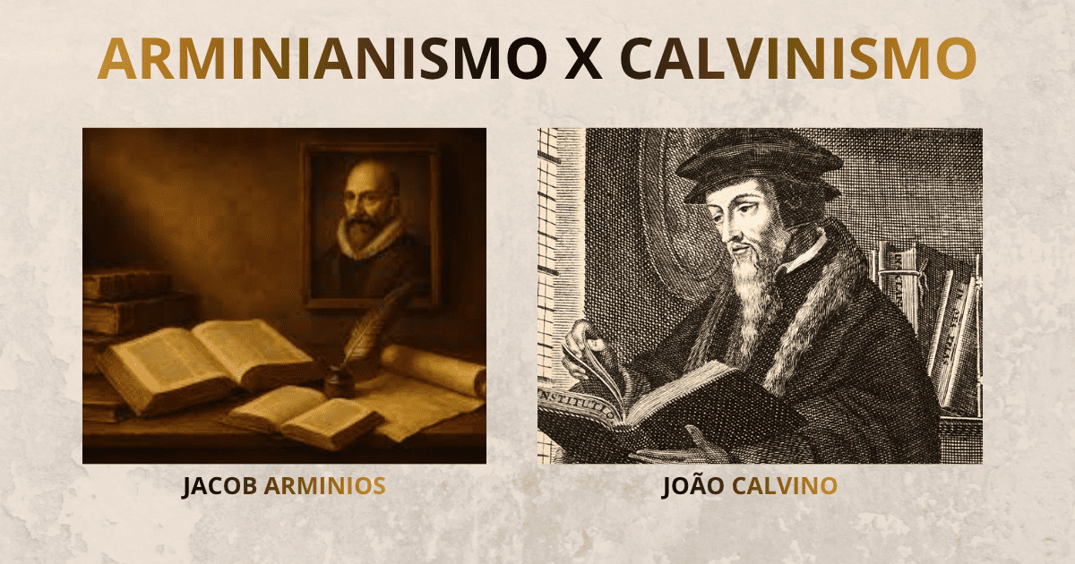 "Ilustração representando o debate entre arminianismo e calvinismo, destacando a escolha teológica entre livre-arbítrio e soberania divina no contexto cristão."